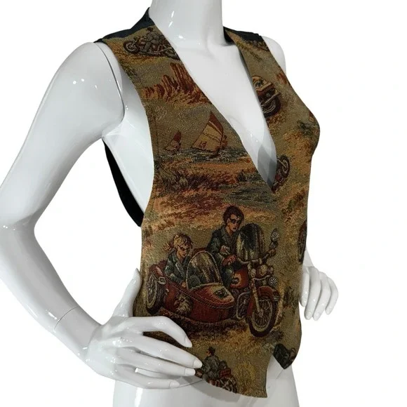 Vintage 80s Tapestry Vest Academia Motorcycle Boho Edwardian - Picture 7 of 16